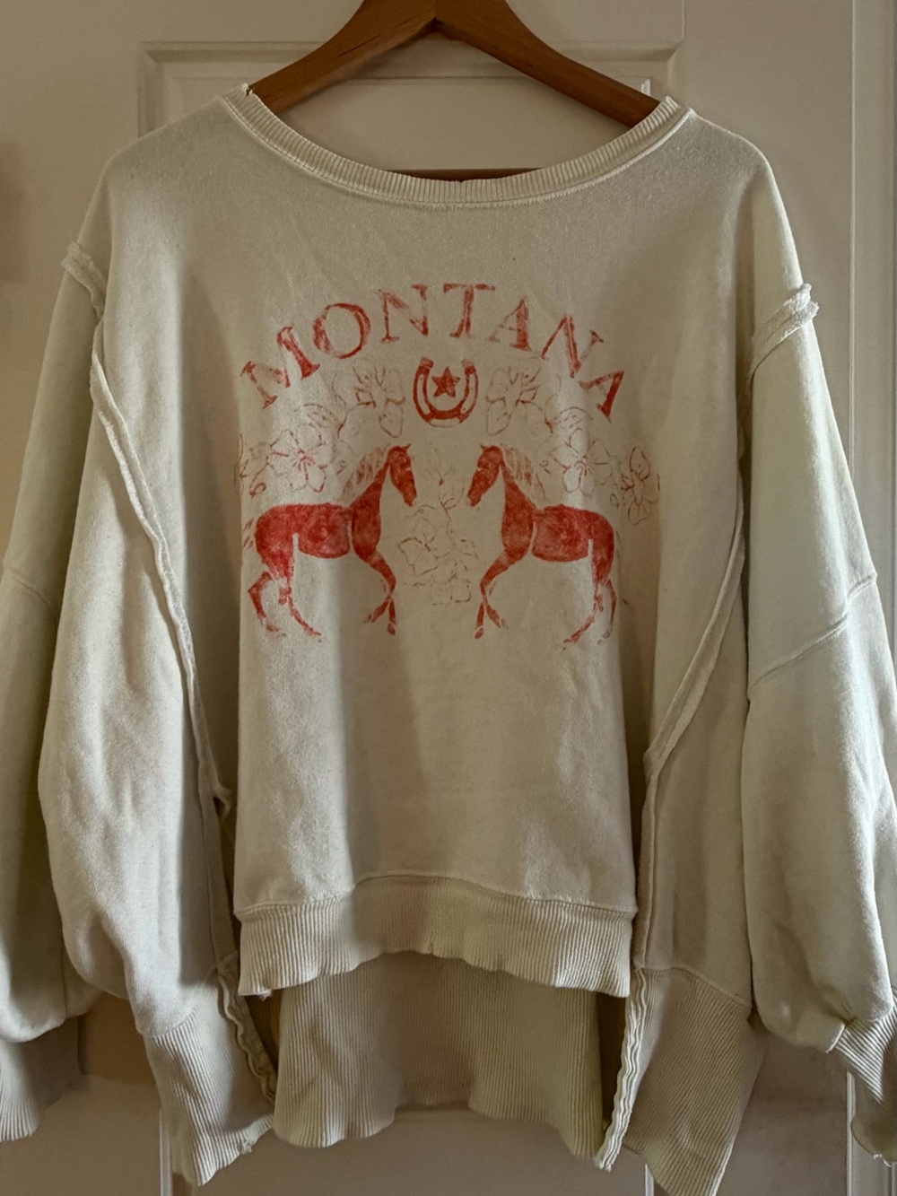 We The Free Cream Crewneck Sweatshirt with Red Horse Graphic